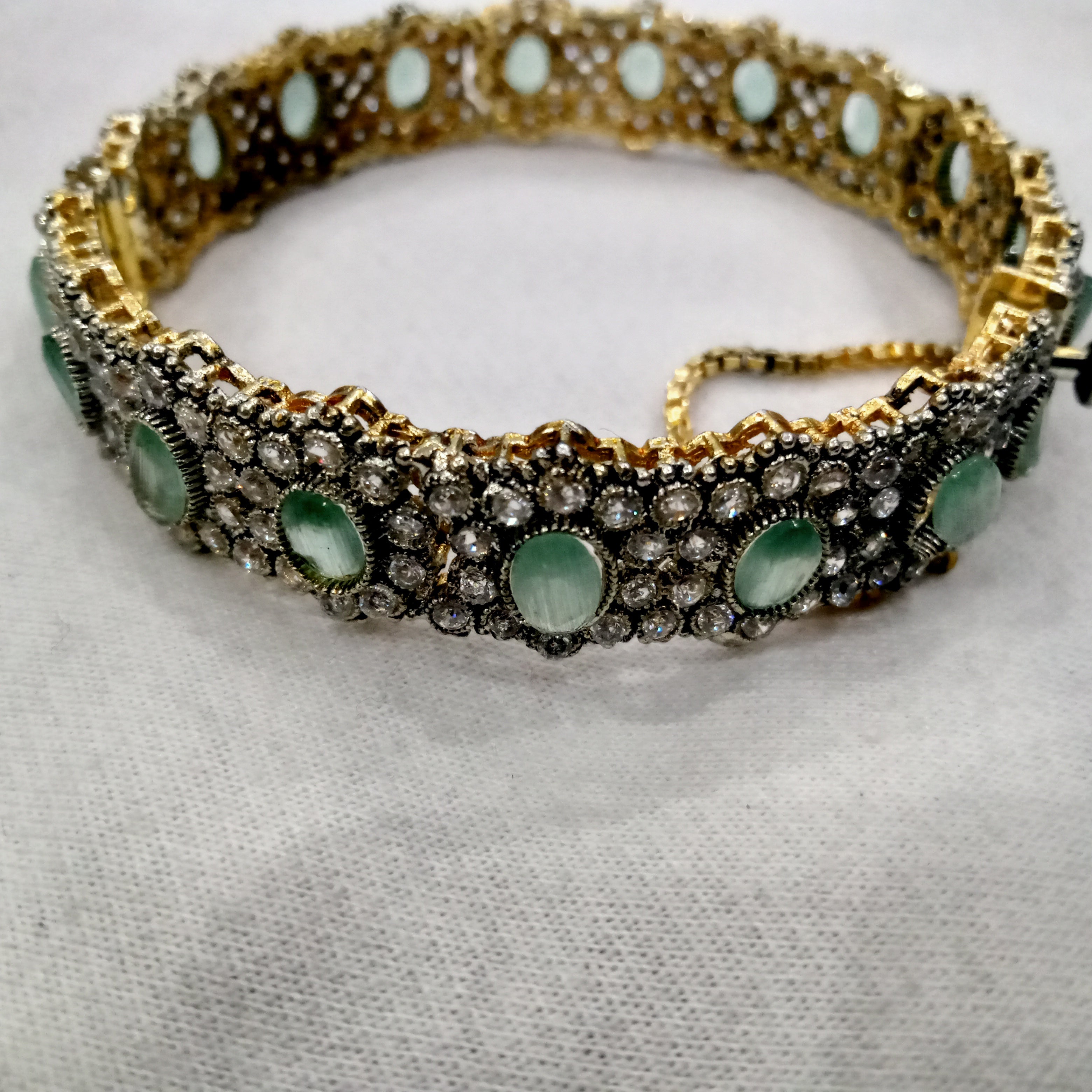 Victorian-Inspired Handcrafted Kada Bangles with Mint Green Oval Cabochons