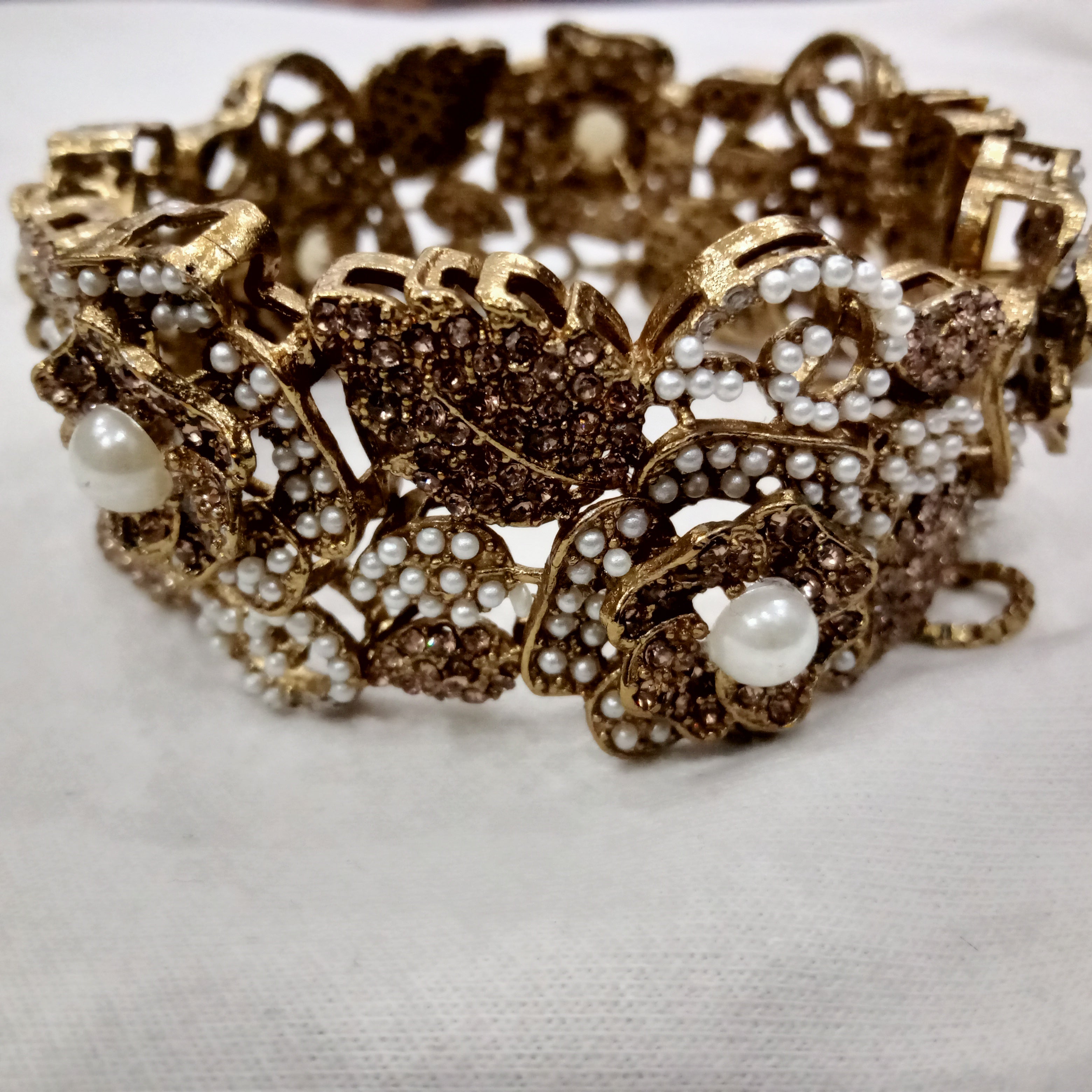 Heritage Rose Gold-Tone Pearl & Crystal Embellished Statement Bangle