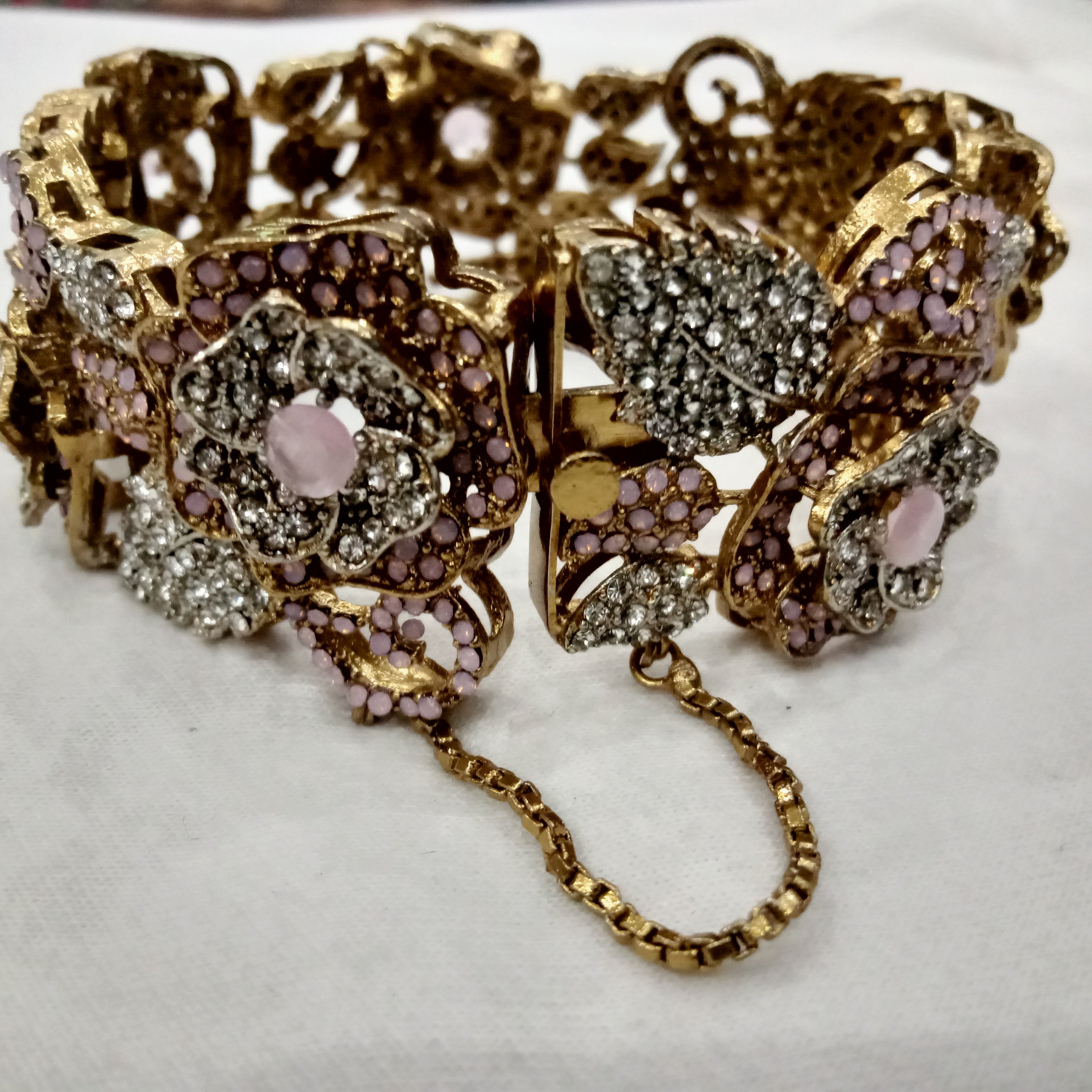 Vintage Gold-Tone Floral Link Bracelet with Pink Stones and Crystals
