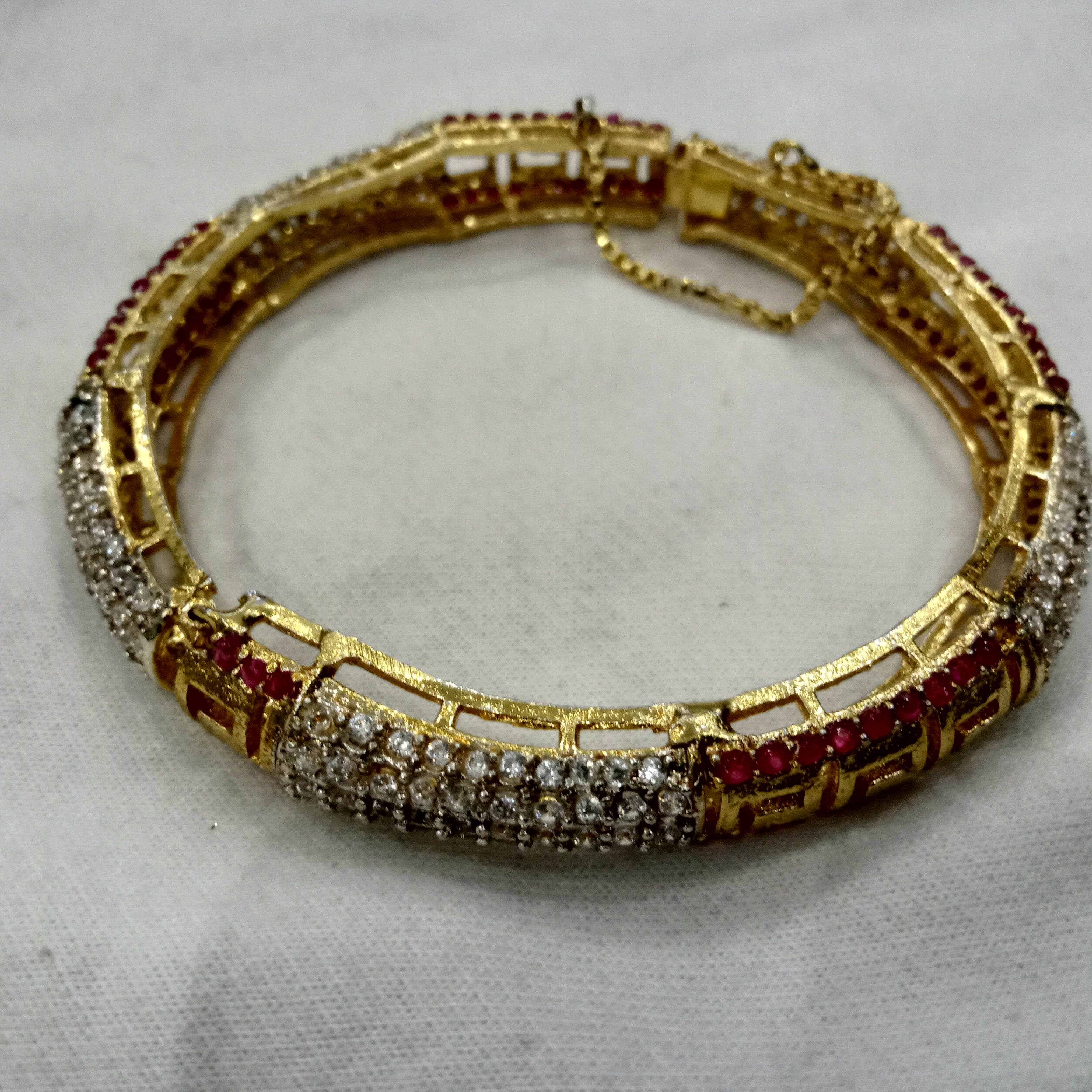 Elegant 22K Gold-Plated Greek Key Bangles with Ruby & CZ Pavé (Pair)