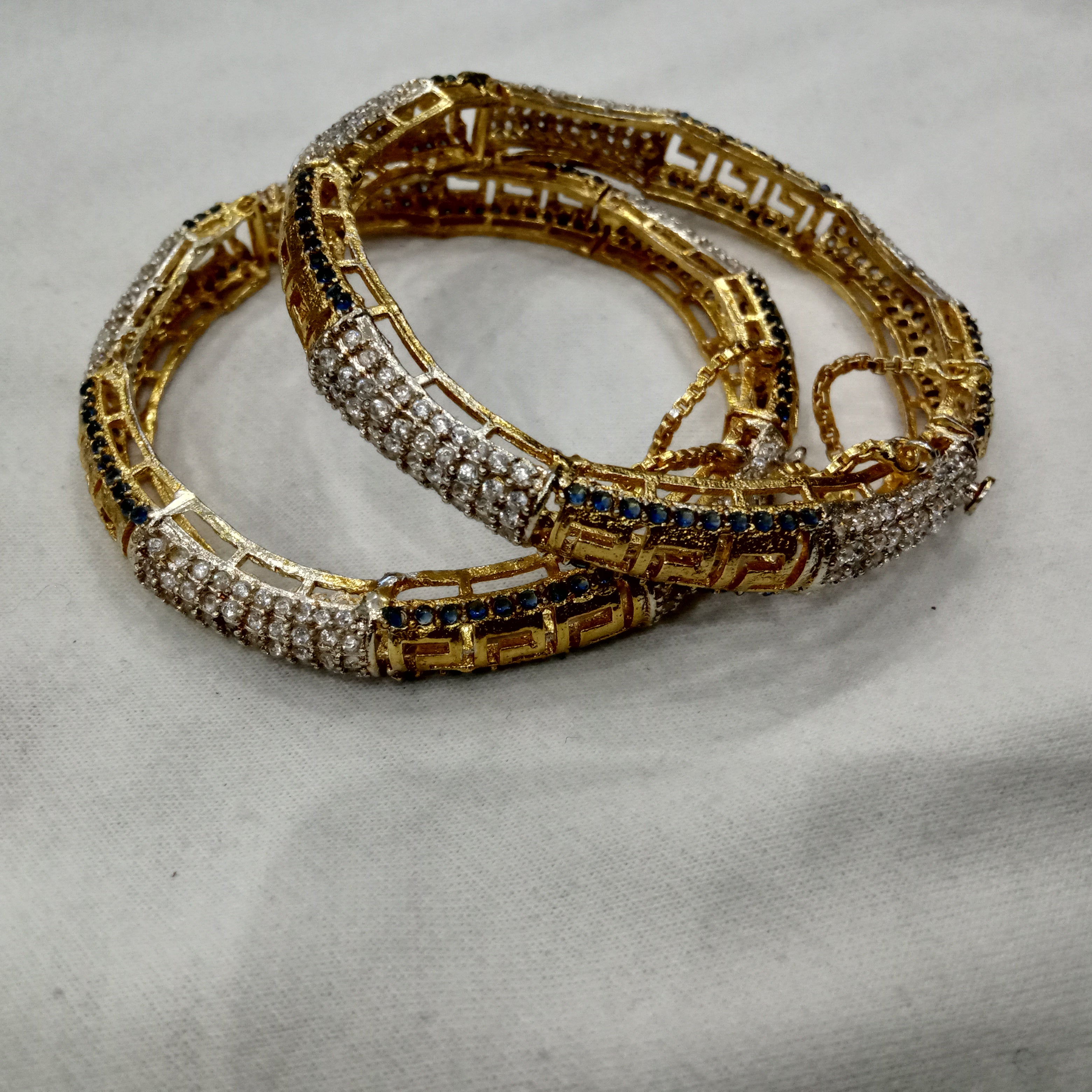 Royal Kundan & Blue Sapphire Style 22K Gold-Plated Kada Bangles (Set of 2)