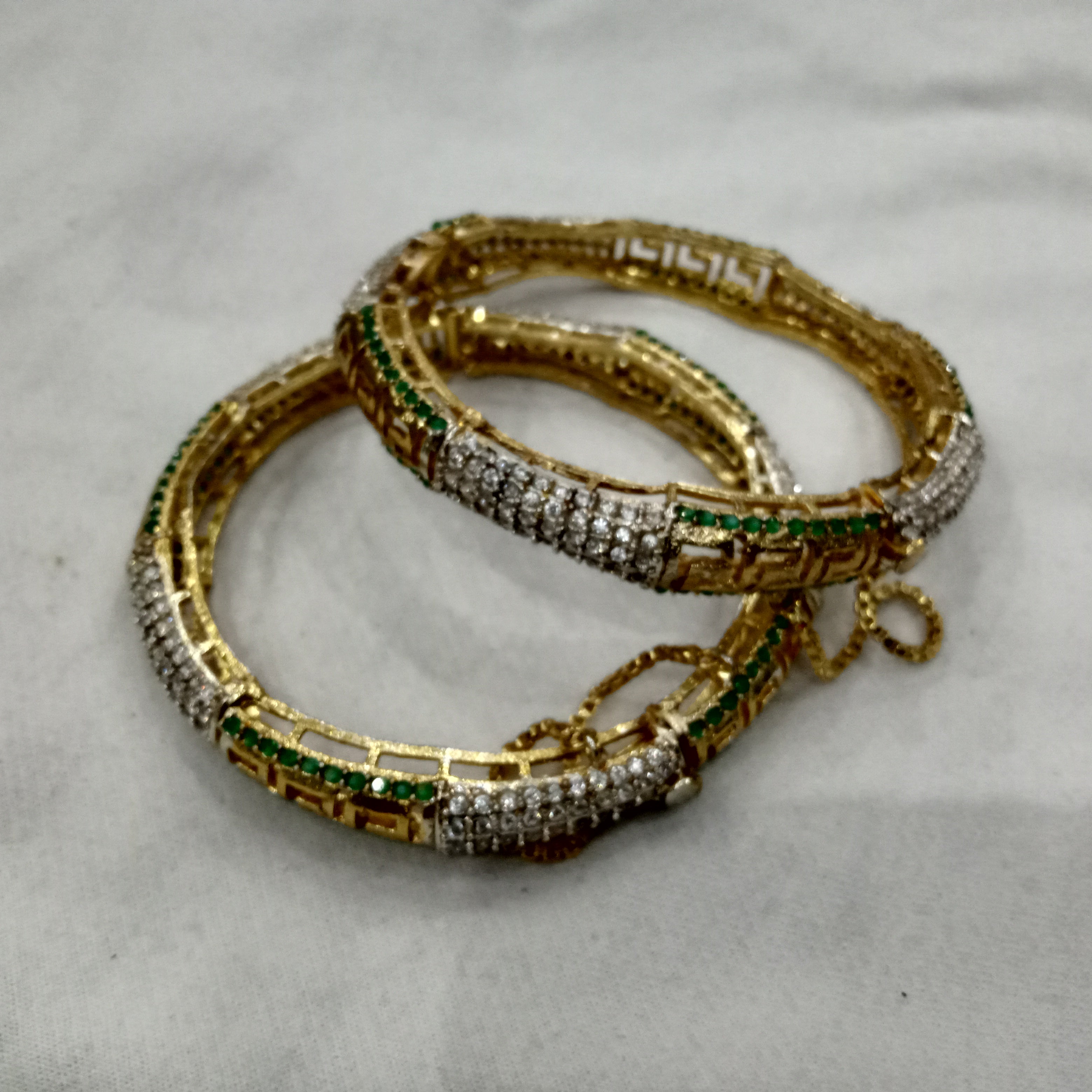 Traditional Gold Openable Bangles with Green Stones and Micro-Pave CZ Accents