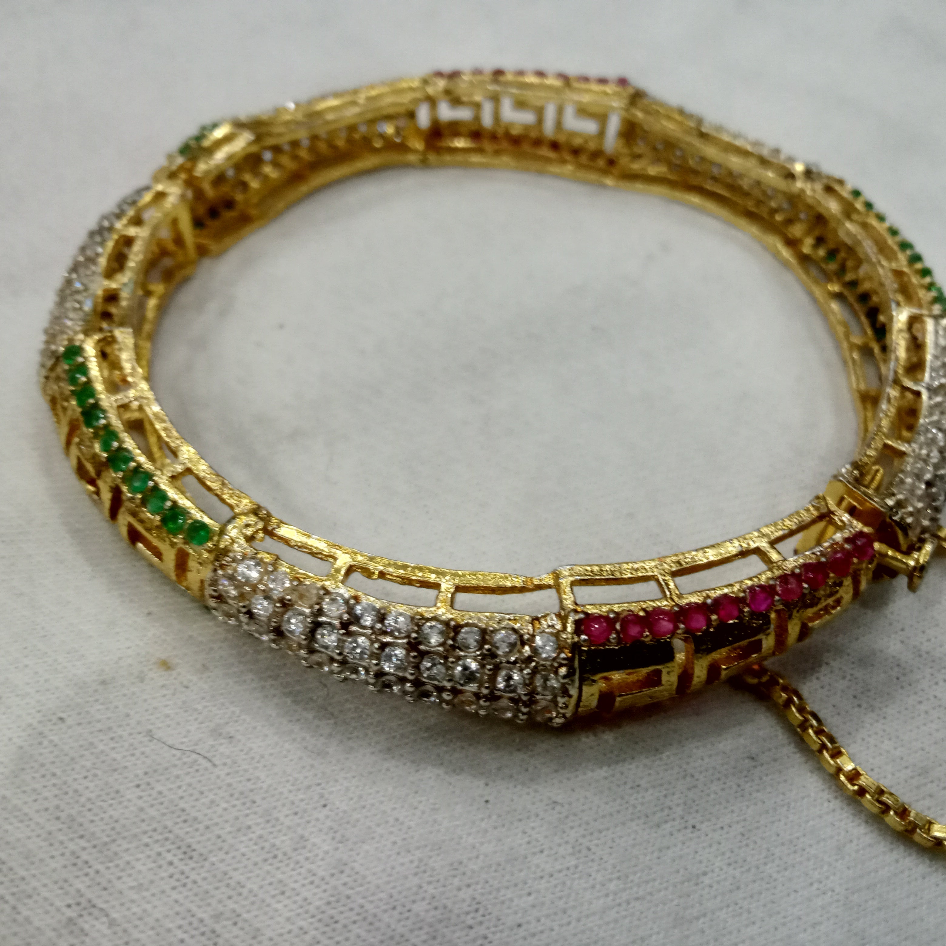 Handcrafted Ruby, Emerald, and Zircon Studded Gold-Plated Openable Bangles