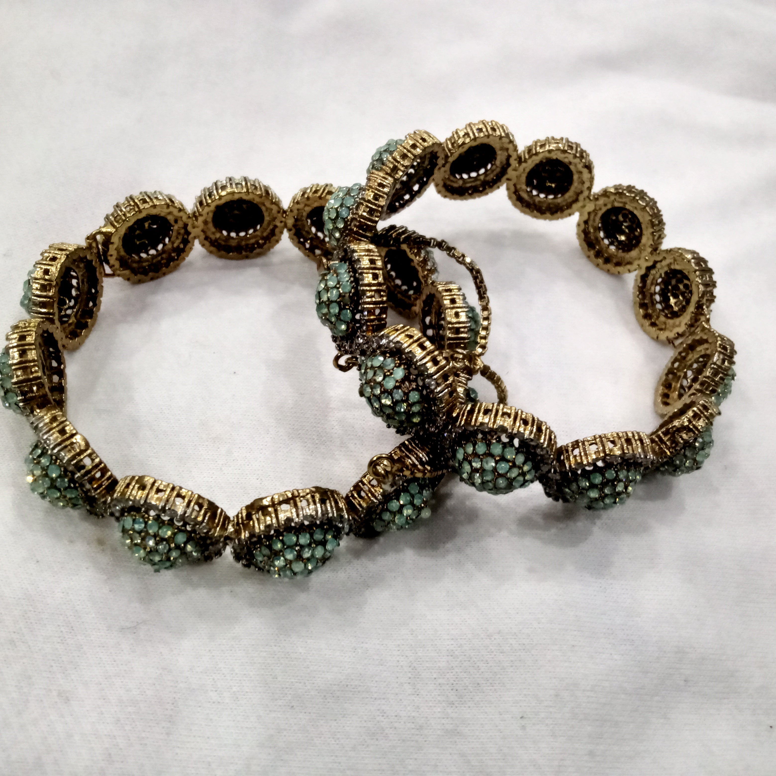 Vintage-Style Oxidized Gold Kada Set with Sage Green Beading