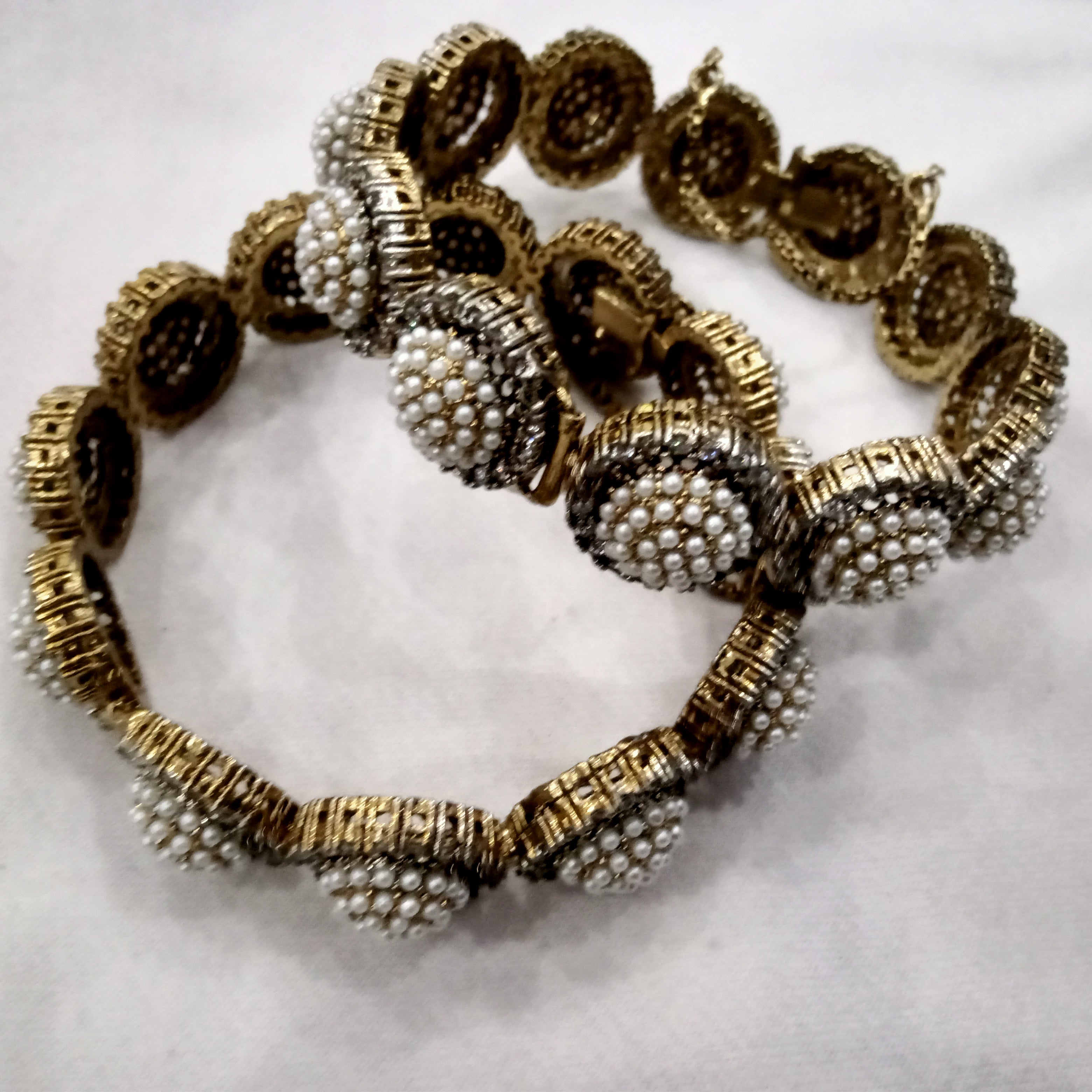 Antique Gold & Blush Pink Beaded Kada Bangles (Set of 2)