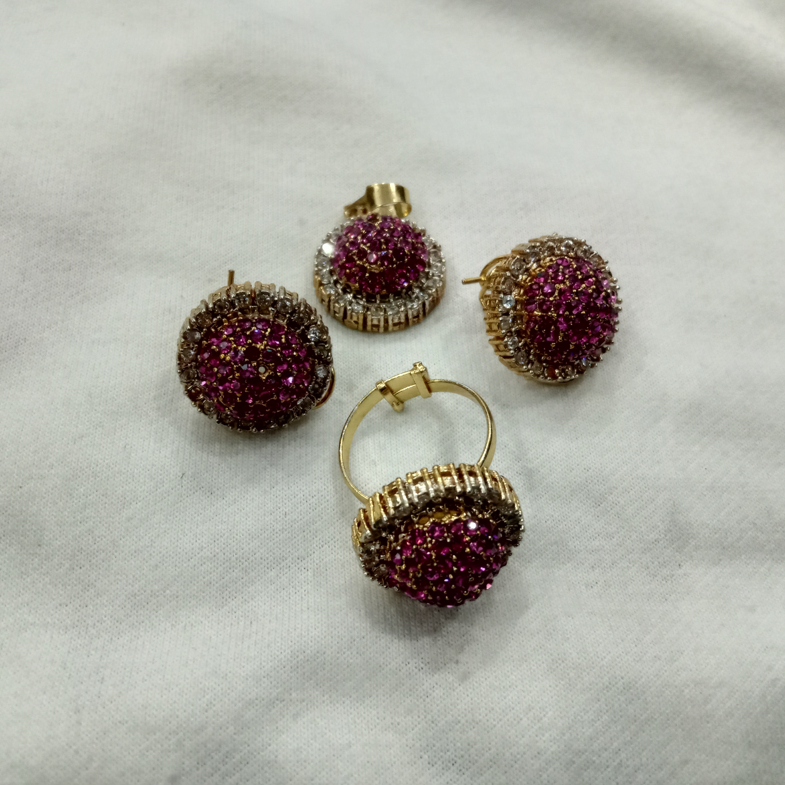 Elegant 18K Gold Plated Ruby Pink Crystal Jewelry Set - Ring, Earrings & Pendant