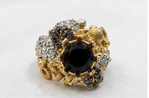 Gold Textured Cocktail Ring with Black Onyx and White Pave Crystals