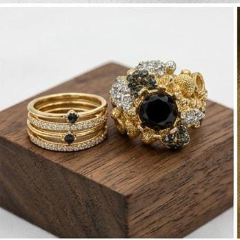 Gold Textured Cocktail Ring with Black Onyx and White Pave Crystals